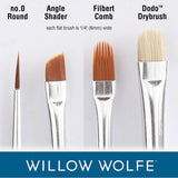 close up photo from the packaging showing the Willow Wolfe artist brushes in the Amavi series, set 4, all rounder artist paint brushes with silver rust resistant metal ferrules, holding high quality bristles made of synthetic blends. From left to right, 0 Round, 1/4" Angle shader, 1/4" filbert comb, 1/4" dodo drybrush.