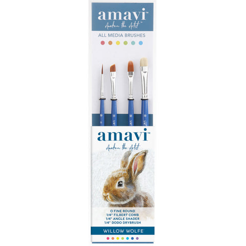 Amavi Artist Paint Brushes by Willow Wolfe - all media brushes to use with acrylic paints, watercolours, gouache and inks for mixed media, painting, creating art. Set of 4 brushes (0 Round, 1/4" Filbert Comb, 1/4" Angle Shader, 1/4" Dodo Drybrush) one of each kind. Blue medium length wooden handles and silver rust resistant metal ferrules, holding high quality bristles made of synthetic blends. Each handle is imprinted with the brush type and size for easy identification.