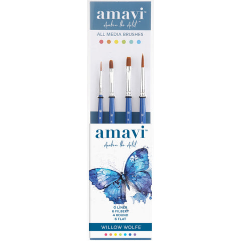 Amavi Set 5, All Media Brushes - Liner, Filbert, Round, Flat ... by Willow Wolfe ... versatile and durable paintbrushes to use with all kinds of acrylic paints, watercolours, gouache and inks for mixed media, painting, stamping, creating art. Set of 4 (four) - no.0 Liner, no.4 Round, no.6 Filbert, no.6 Flat Shader - one of each kind.