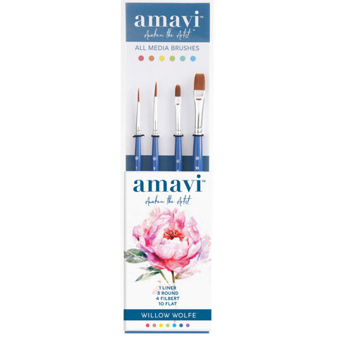 Amavi Set 6, All Media Brushes - Liner, Round, Filbert, Flat ... by Willow Wolfe ... versatile and durable paintbrushes to use with all kinds of acrylic paints, watercolours, gouache and inks for mixed media, painting, stamping, creating art. Set of 4 (four) - no.1 Liner, no.3 Round, no.4 Filbert, no.10 Flat Shader - one of each kind.