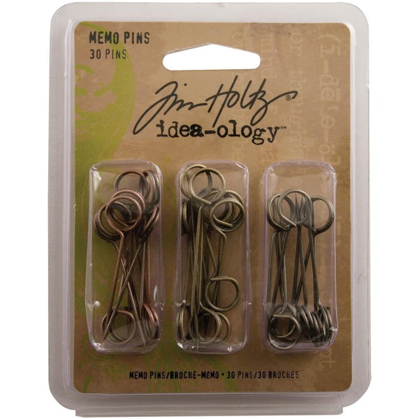 Memo Pins ... by Tim Holtz Idea-Ology - sharp slender metal pins with a split ring at the top, used to attach things to mixed media, display decor makes and other projects. Pack of 30 (thirty) pins, 43mm long.