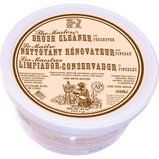 The Masters Brush Cleaner and Preserver ... Large Tub - 24oz (717g).  The world's finest cleanser for paint brushes that cleans and conditions in one step... just add water!  This wonderful cleaner contains no harsh thinners, is non-flammable and safe for all brush types, natural and synthetic. Its fantastic for most art and craft tools including spatulas, cling stamps and paint palettes. This cleanser is lightly fragranced with a clean fresh smell.