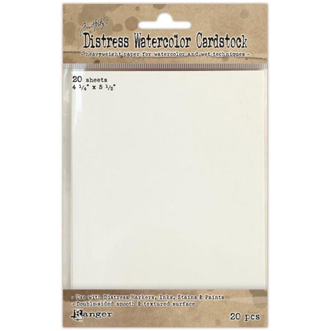 White Heavyweight Watercolour Paper - by Tim Holtz Distress ... small card sized sheets, 4 1/4" x 5 1/2". Pack of 20 sheets.  Pre-cut to a convenient size, perfect for cardmaking, postcards, artist trading cards (ATCs), journaling and memory keeping.  Tim Holtz Watercolour Paper is fantastic for all techniques with Distress Inks and Paints as well as all watercolours and mediums including inks, sprays, paints, pencils and markers.
