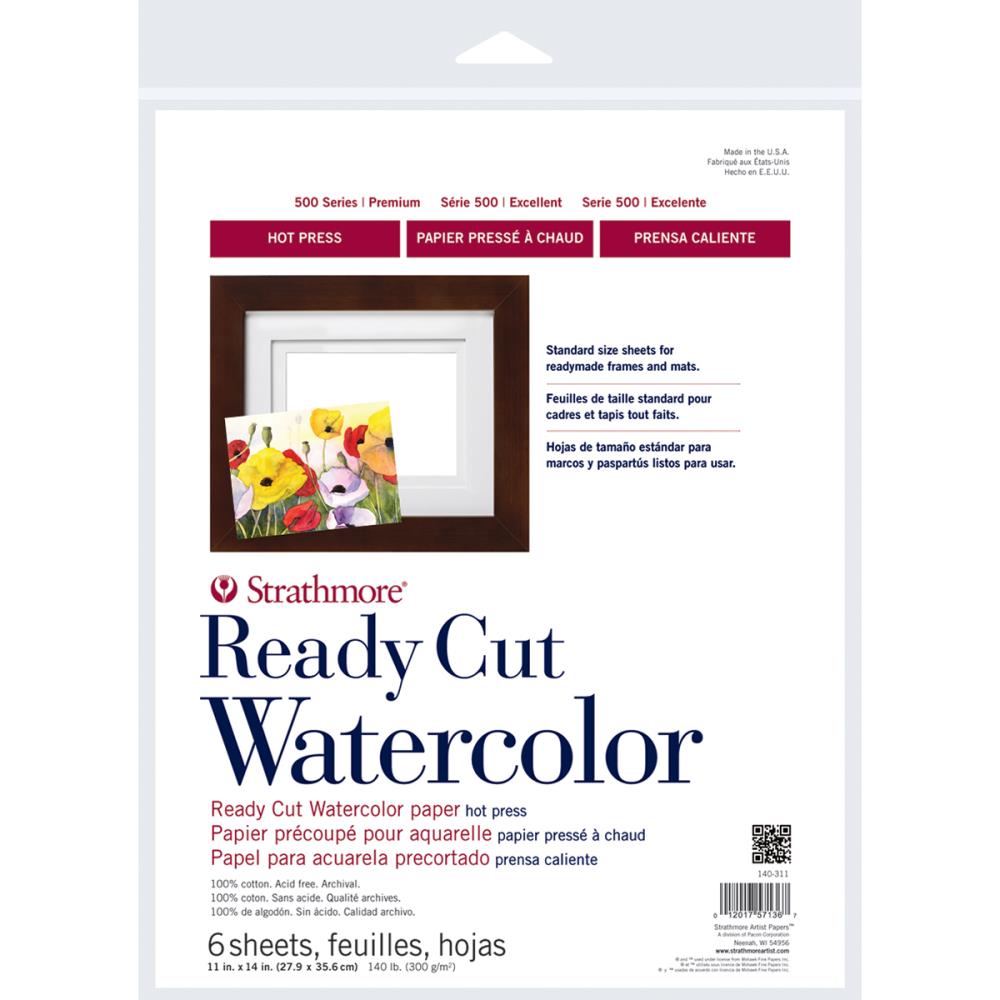 Watercolour Paper, Hot Press (smooth with tooth) - Large 11x14 ... by Strathmore . Series 5 (best, most excellent) paper - 300gms (140 lb) premium 100% cotton hot pressed paper for watercolours, pen and ink, visual arts. Paper is 11"x14" in size. 6 (six) Sheets. This premium quality watercolour paper has a strong surface that is designed for wet techniques and perfect for all kinds of excuses to create in watercolour, pen 'n ink, stamping, pencils gouache and acrylic.