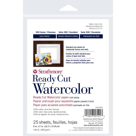 Watercolour Paper, Cold Press (textured on the front) ... by Strathmore . Series 5 (best, most excellent) paper - 300gms (140 lb) premium 100% cotton paper for watercolours, pen and ink, visual arts. Paper is 5"x7" in size. 25 Sheets.  Ready Cut paper has a strong surface that is designed for wet techniques in watercolours, pencils, gouache and acrylic. The natural white colour and traditional cold press surface allows for patterned artwork, interesting washes, lifting, scraping applications. 