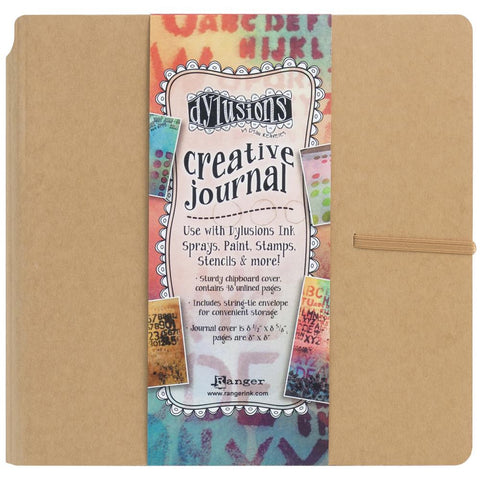 Dylusions Creative Journal, Square 8"x8" ... by Dyan Reaveley and Ranger - This book features a hardback kraft cover, pocket inside the front cover, elastic closure, and filled with 48 pages of blank creamy white 240gsm Mixed Media Cardstock with a matte finish. 