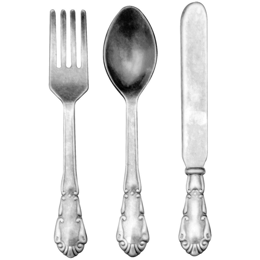 examples of Silverware Adornments Idea-Ology by Tim Holtz, silver coloured metal cutlery set for mixed media and scrapbooking. Each is 2.5 inches long. TH93254 This is a set of 9 miniature knives, forks and spoons (3 of each) with a pretty silver coloured antique style finish. They look just like the real thing, only much smaller!