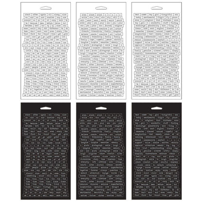 overview of the words in Chitchat Stickers - Tim Holtz Idea-Ology ... A collection of words and phrases to create your own conversation. 6 (six) sheets with 1088 words in both black and white.  This booklet contains a wide range of words to create your own phrases, sayings, thoughts, messages and paragraphs. Use to tell your story through art, add messages or thoughts to cards, include on journal pages, calendars and planners, add to memories while scrapbooking.