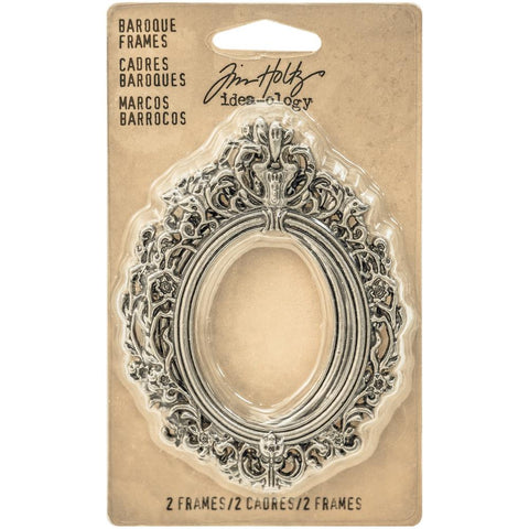Baroque Frames ... by Tim Holtz Idea-Ology - 2 (two) beautifully detailed metal antique style oval frames to showcase images or layer into dimensional mixed media.  This pair of beautiful metal frames are perfect for using with artwork or photos on its own or in albums, add to greeting cards, and use in journaling and mixed media.  Sizes approx : outer frame is 2 3/16" x 3" high, inner oval is 1 5/16" x 1 1/8" high.