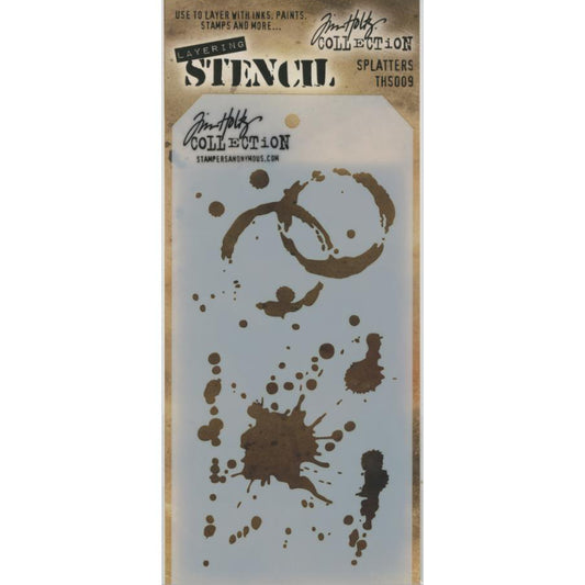 Splatters ... layering stencil by Tim Holtz (THS009).  Such a groovy set of textures of coffee rings, paint splats and splatters of ink make your artwork and backgrounds in art journaling look well loved and stained.   Create layers of colour and texture using this stencil with a wide variety of art supplies - paints, pastels, markers, pencils, gesso, texture paste, mediums. Stencils are made of a creamy coloured, fine, semi-translucent plastic. Stencils are fantastic versatile tools that are easy to use.