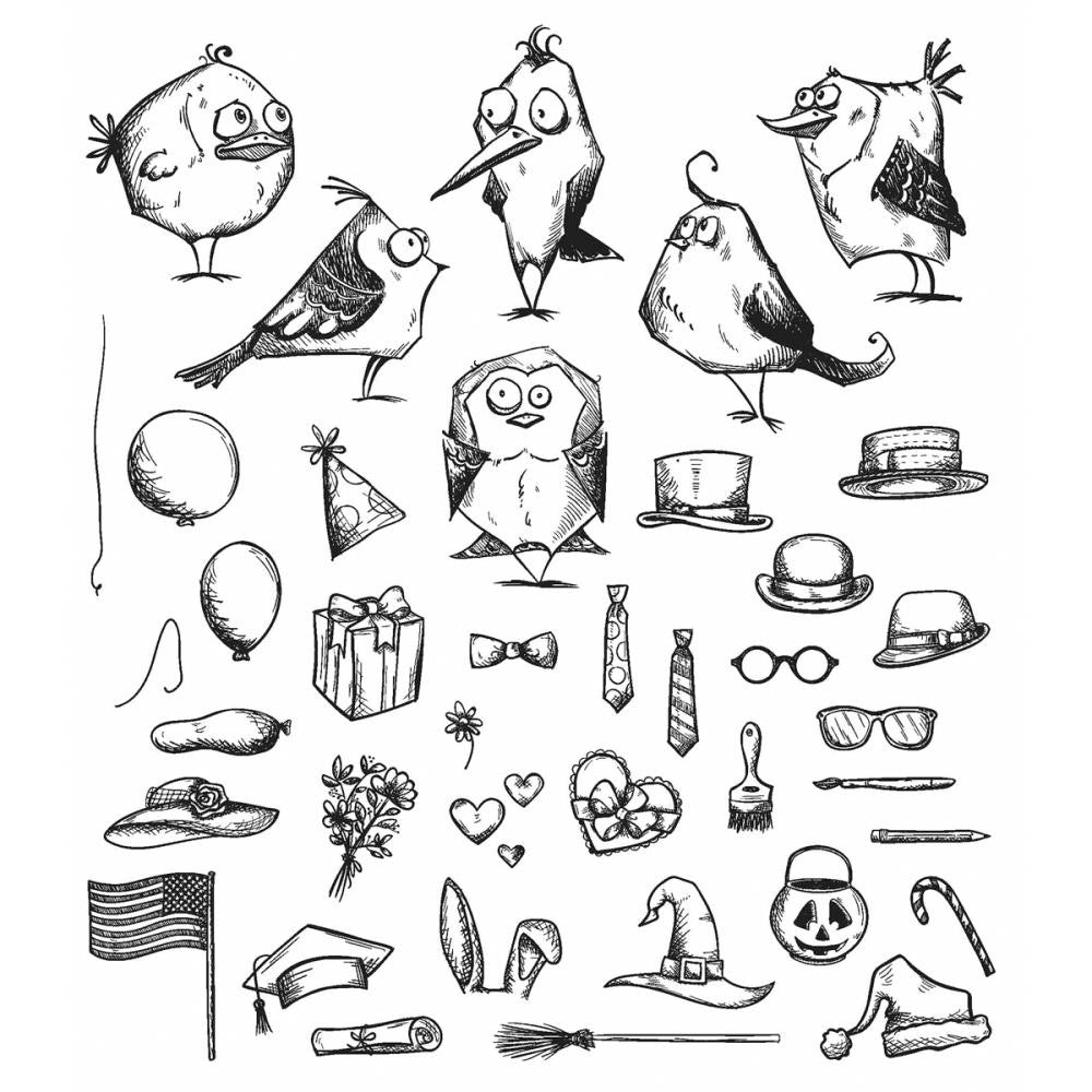 Tim Holtz Crazy Mini Birds and Things - Cling Rubber Stamp Set