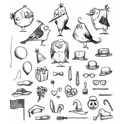 Tim Holtz Crazy Mini Birds and Things - Cling Rubber Stamp Set