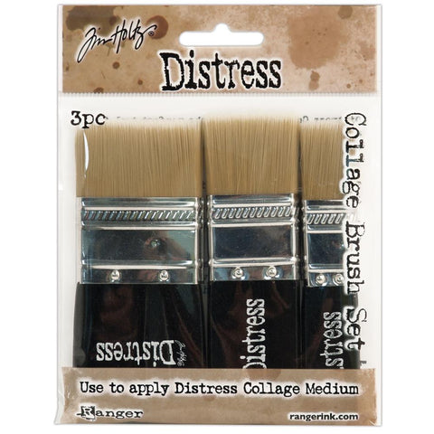 Collage Brush Set ... by Tim Holtz as part of the Distress range of art supplies. 3 (three) Flat Paint Brushes (3/4", 1 1/4" and 1 3/4" wide, one of each) with synthetic flexible durable bristles and easy to hold wooden handles. These high quality art brushes can be used with all media including acrylics, inks and watercolours to create a variety of effects in artwork, mixed media and general craft purposes.