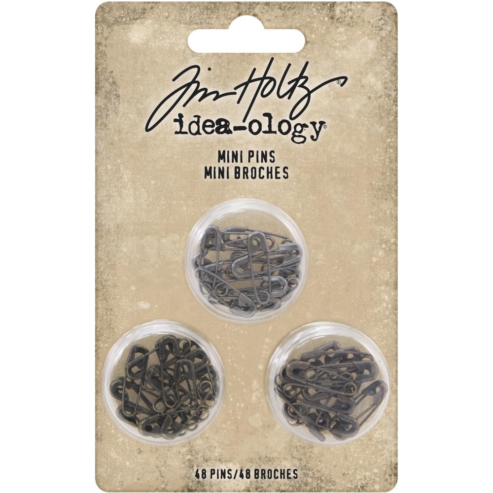 Idea-Ology Mini Pins ... by Tim Holtz - 48 mini metal safety pins in 3 colours (nickel, copper, brass) used to attach things in papercrafts, fashion, home decor, visual arts. Each pin is approx 15mm long, 6mm wide.  Inspired by antique stationery fasteners, these small and versatile paper clips are fabulous for attaching anything to anything - including ribbons, tinsel, yarn, paper, buttons, trinkets and other embellishments together. Great for attaching tags to papers or fabrics too.