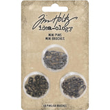 Idea-Ology Mini Pins ... by Tim Holtz - 48 mini metal safety pins in 3 colours (nickel, copper, brass) used to attach things in papercrafts, fashion, home decor, visual arts. Each pin is approx 15mm long, 6mm wide.  Inspired by antique stationery fasteners, these small and versatile paper clips are fabulous for attaching anything to anything - including ribbons, tinsel, yarn, paper, buttons, trinkets and other embellishments together. Great for attaching tags to papers or fabrics too.