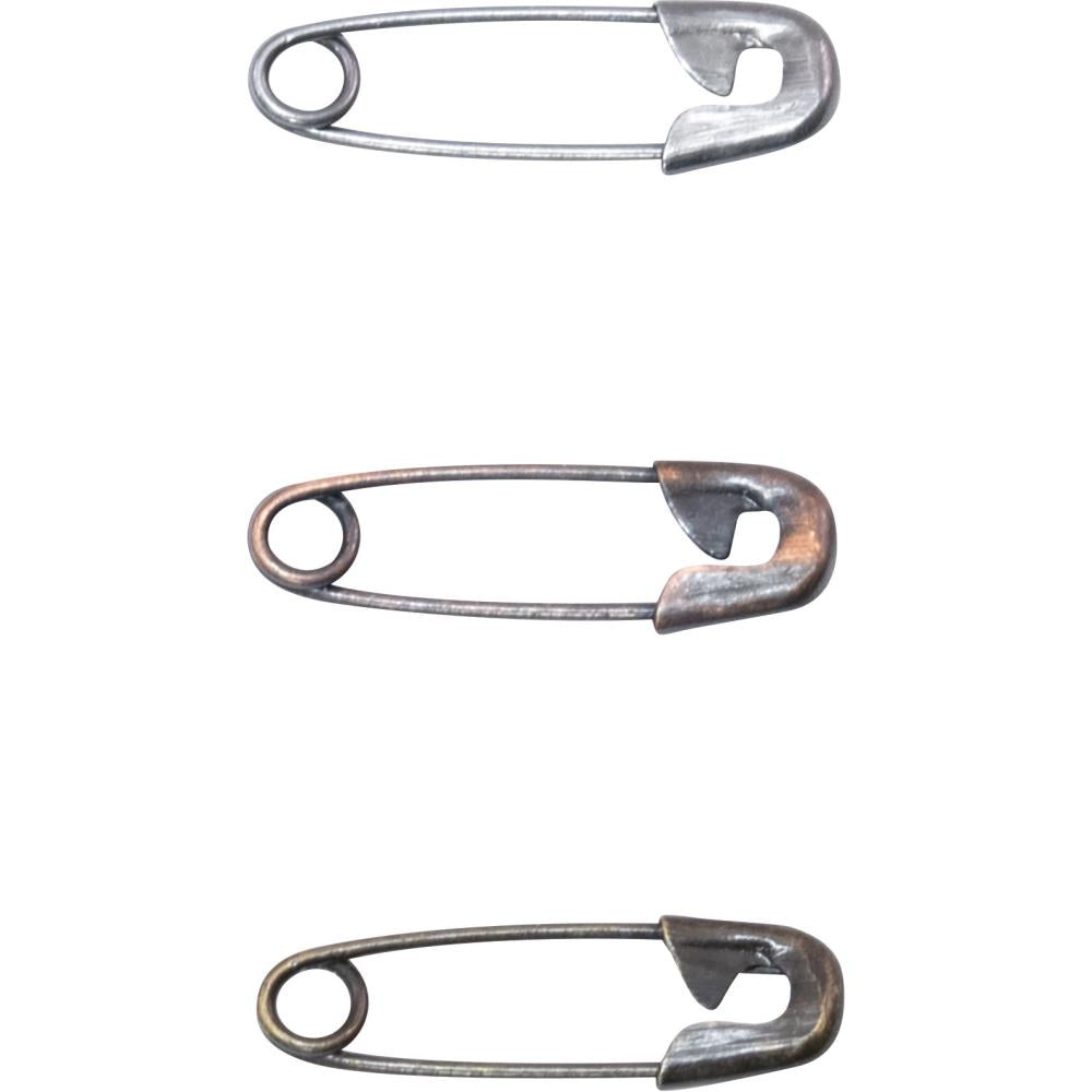 Idea-Ology Mini Pins ... by Tim Holtz - 48 mini metal safety pins in 3 colours (nickel, copper, brass) used to attach things in papercrafts, fashion, home decor, visual arts. Each pin is approx 15mm long, 6mm wide.  Inspired by antique stationery fasteners, these small and versatile paper clips are fabulous for attaching anything to anything - including ribbons, tinsel, yarn, paper, buttons, trinkets and other embellishments together. Great for attaching tags to papers or fabrics too.