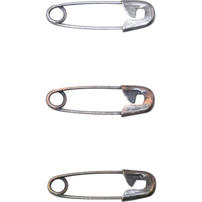 Idea-Ology Mini Pins ... by Tim Holtz - 48 mini metal safety pins in 3 colours (nickel, copper, brass) used to attach things in papercrafts, fashion, home decor, visual arts. Each pin is approx 15mm long, 6mm wide.  Inspired by antique stationery fasteners, these small and versatile paper clips are fabulous for attaching anything to anything - including ribbons, tinsel, yarn, paper, buttons, trinkets and other embellishments together. Great for attaching tags to papers or fabrics too.