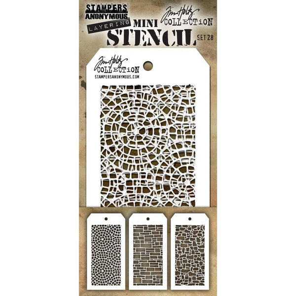 Mosaic - Slate - Stone ... Set no. 28 - Tim Holtz Layering Mini Stencils. Pack of 3, one of each design.  Mosaic is of fantastic intricate tiny tiles in circular design, Slate is reminiscent of an organic wall or flooring tile, Stone is designed to be like an old farm fence (drywall) or really old cobblestone paths.  Each stencil is 8cm x 16cm with a design space of approx 6cm x 12.5cm.