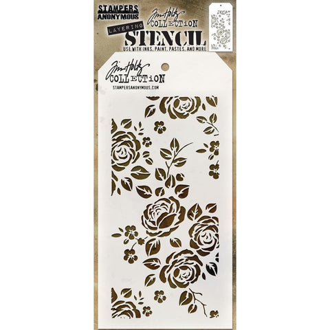 Roses ... this Tim Holtz layering stencil features a beautiful delicate floral design of roses and their leaves with a few forgetmenots