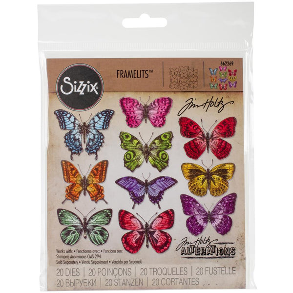 Flutter - Framelits Die Cutting Templates ... by Tim Holtz and Sizzix (662269).  Create a gorgeous flock of butterflies using this very well designed set of die cutting templates. Matches the Tim Holtz Stamp Set, 'Flutter' (cms294, also available, sold separately).  They cut out the winged creatures and their tiny antennae with precision and ease, and if you have the matching stamp set , you'll save hours of fussy cutting - and the dies match so well to the stamps, right to the edge of each design.