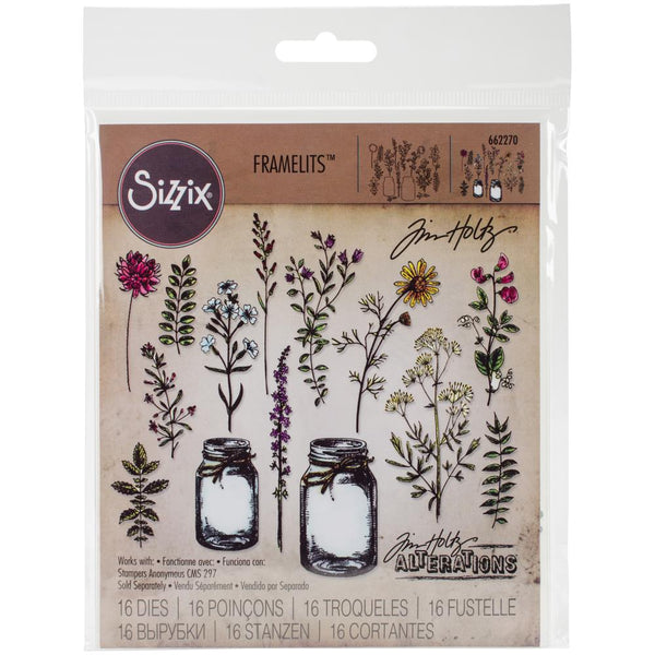 Flower Jar ... Framelits (Thinlits) Die Cutting Templates ... by Tim Holtz and Sizzix (no.662270).   Create wonderful cards, journal pages, ATCs, junk journals, scrapbook pages and more using these beautiful delicate designs. This set includes 12 (twelve) sprigs, wildflowers and leaves, and 2 (two) different sized jars (with string around their neck).