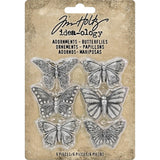Butterflies - Papillons - Mariposas ... Idea-Ology Adornments - 6 Metal Pendants by Tim Holtz (1 of each design).  This pack of metal adornments feature 6 (six) beautifully designed butterflies. Each is intricately designed, showing incredible details and markings. They are finished in an antique silver colour and measure from 33mm to 40mm across their wingspan.
