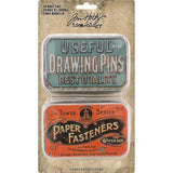 Trinket Tins - Idea-Ology by Tim Holtz ... empty metal boxes with hinged lid and wonderfully nostalgic vintage advertising on the lids. 2 (two) Trinket Tins, one of each design, 4" x 2.5", x 1.25" deep in size. Designed by Tim Holtz, this pair of metal tins have hinged lids that have reliable closures. The size of the tins make them versatile for both storage as well as altering to become decorated storage tins, giftware or ornaments for display. 
