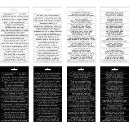 overview of the quote stickers from Snarky Small Talk Stickers - Tim Holtz Idea-Ology ... An amusing collection of thoughts&nbsp;and phrases to create your own conversation. 8 (eight) sheets with 218 stickers. This booklet of phrases includes funny, quirky, subtle, obvious, blunt, sarcastic, gentle and interesting sayings... perfect for journaling, planners, cardmaking, tags, scrapbooking - anything really :D They're simply alot of fun! Booklet size is approx 4.5" x 9".