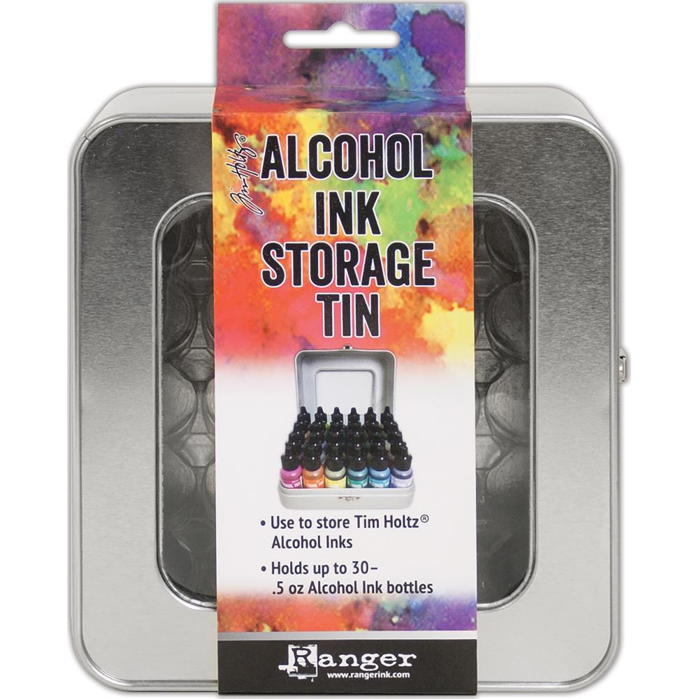 Alcohol Ink, Oxide Reinker and Stickles Storage Tin ... by Tim Holtz and Ranger - 1 (one) empty metal container with hinged lid and window. Holds up to 30 (thirty) .5oz (14ml) bottles. Suits any Distress Oxide Reinkers, Stickles Glitter Glues or Alcohol Inks (not included). Includes a clear removable insert.