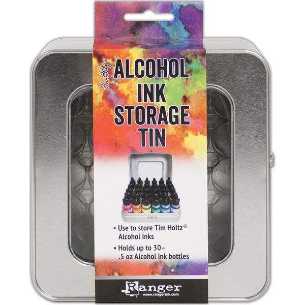 Alcohol Ink, Oxide Reinker and Stickles Storage Tin ... by Tim Holtz and Ranger - 1 (one) empty metal container with hinged lid and window. Holds up to 30 (thirty) .5oz (14ml) bottles. Suits any Distress Oxide Reinkers, Stickles Glitter Glues or Alcohol Inks (not included). Includes a clear removable insert.