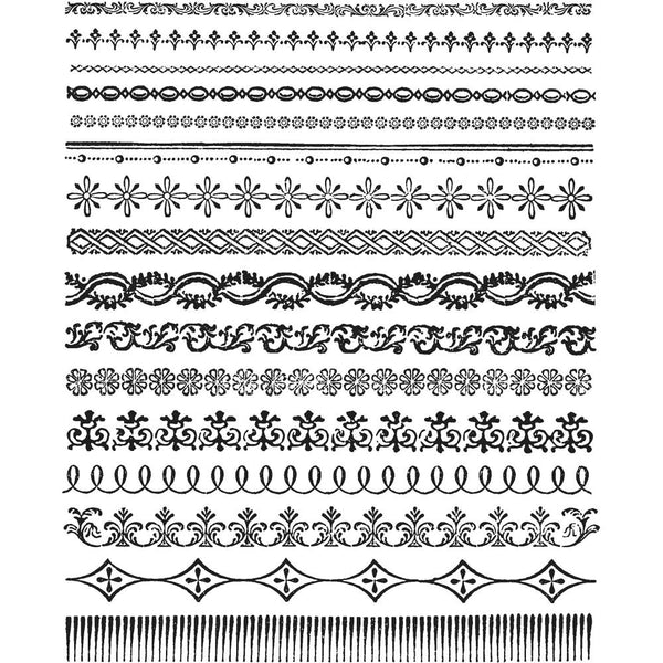 Ornate Trims ... 16 (twelve) rubber stamps by Tim Holtz and Stampers Anonymous (CMS326). Vintage borders and edging designs for mixed media, papercraft and visual arts.   A wonderful detailed collection of etchings featuring flowers, ornate and intricate linework, flourishes and swirls to use as borders, edging, in between columns in bullet journaling, and as lines for cards, journals, anything!