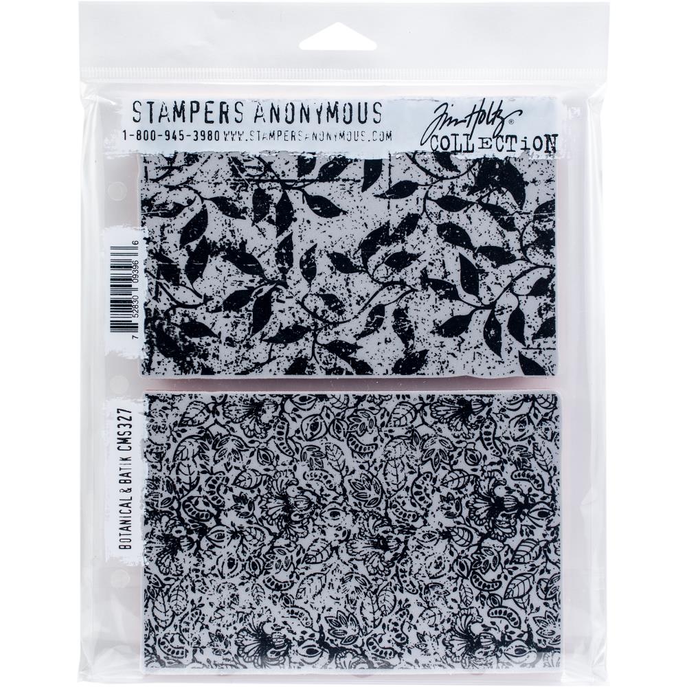 Botanical & Batik ... by Tim Holtz and Stampers Anonymous (cms327). 2 (two) background sized beautiful rubber stamps for mixed media, journaling, visual arts and papercrafts.   This set features two different designs that can be used alone or together. - Botanical is a leafy design with a grunge distressed background. - Batik is an intricately detailed design of flowers, leaves and seeds. Both are 15cm x 10cm (6" x 4") in size.