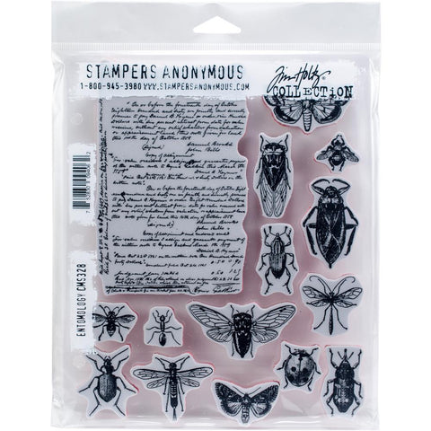 Entomology ... by Tim Holtz and Stampers Anonymous. A set of 15 (fifteen) unique cling foam mounted, red rubber stamps for arts and crafts by Tim Holtz (cms328).   A wonderful collection of insects for the inner entomologist. Designs include moths, bees, beetles, flies, ladybugs, pond skippers and a beautiful handwritten sheet of writing. This set is the bees' knees!   Sizes (approx) : Handwritten letter, correspondence is 3 7/16" x 5 7/16", butterfly (upper right) is 2" x 1 3/16".