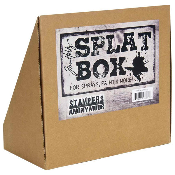 Splat Box ... by Tim Holtz and Stampers Anonymous - cardboard half-box 10 1/4" x 10 1/4" x 6 1/2" deep with angled sides. To use as a spray booth, portable storage shelf, splattering box.  Tim Holtz Splat Box is a handy cardboard sturdy half a box, designed to be a foolproof way to keep an area clean while creating with spray inks and paints. Easy to set up and use, lightweight and compact for storage and travel.
