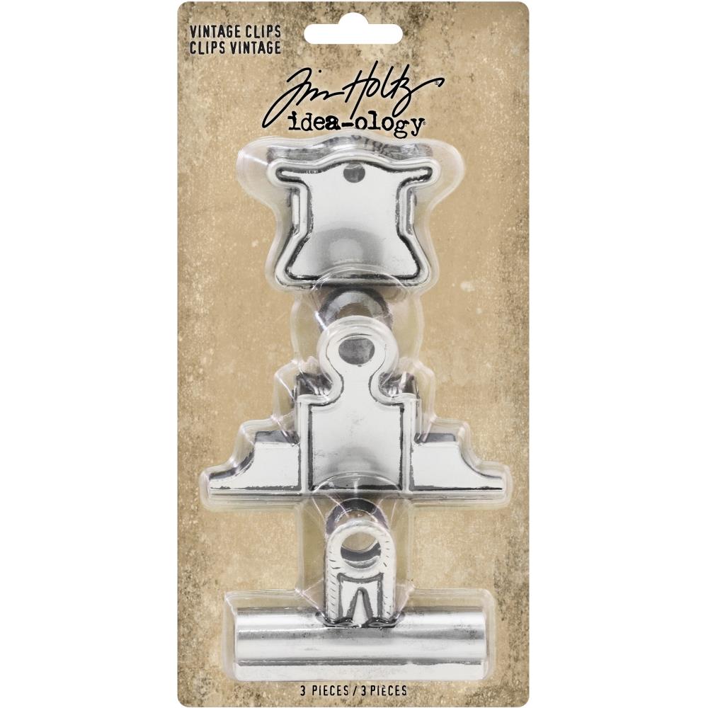 Vintage Clips - Idea-Ology by Tim Holtz - 3 (three) strong, old style metal hinged clips used to attach and hold artwork, memorabilia and other items together. Sizes are approx (as shown in the photo) ...  - top : 1 3/4" wide - middle : 3" wide - bottom : 2 1/2" wide ... all 3 would hold at least a 1cm thick wad of paper.