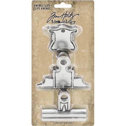 Vintage Clips - Idea-Ology by Tim Holtz - 3 (three) strong, old style metal hinged clips used to attach and hold artwork, memorabilia and other items together. Sizes are approx (as shown in the photo) ...  - top : 1 3/4" wide - middle : 3" wide - bottom : 2 1/2" wide ... all 3 would hold at least a 1cm thick wad of paper.