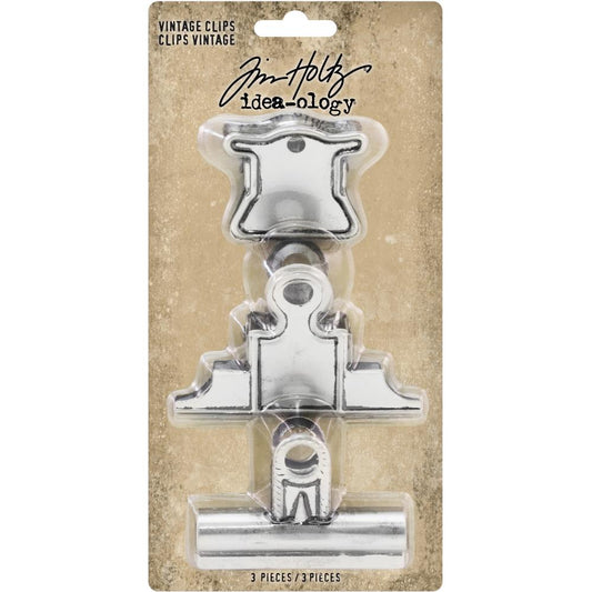 Vintage Clips - Idea-Ology by Tim Holtz - 3 (three) strong, old style metal hinged clips used to attach and hold artwork, memorabilia and other items together. Sizes are approx (as shown in the photo) ...  - top : 1 3/4" wide - middle : 3" wide - bottom : 2 1/2" wide ... all 3 would hold at least a 1cm thick wad of paper.