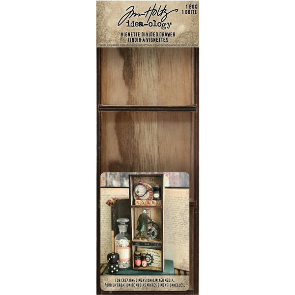 Vignette Divided Drawer ... by Tim Holtz Idea-Ology. Wooden, shallow open-top box or tray to use for home decor, gifts, creative frames or mixed media projects. 1 (one) rectangular wooden tray (3 1/2" x 10" x 1 3/4") with 2 (two) removable dividers creating an open tray with 3 (three) compartments.   This wooden open-topped box is made with 3 equal sections or compartments to use for creating dimensional mixed media. 
