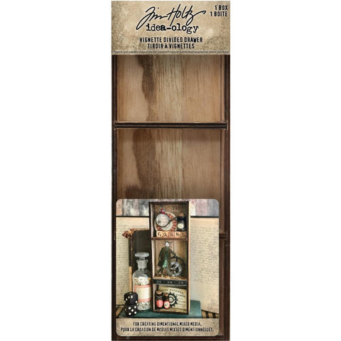 Vignette Divided Drawer ... by Tim Holtz Idea-Ology. Wooden, shallow open-top box or tray to use for home decor, gifts, creative frames or mixed media projects. 1 (one) rectangular wooden tray (3 1/2" x 10" x 1 3/4") with 2 (two) removable dividers creating an open tray with 3 (three) compartments.   This wooden open-topped box is made with 3 equal sections or compartments to use for creating dimensional mixed media. 