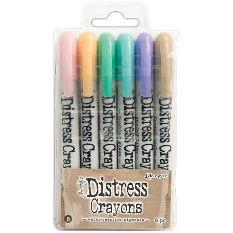 Tim Holtz Distress Crayons, set 5 - Spun Sugar, Dried Marigold, Cracked Pistachio, Tumbled Glass, Shaded Lilac & Frayed Burlap