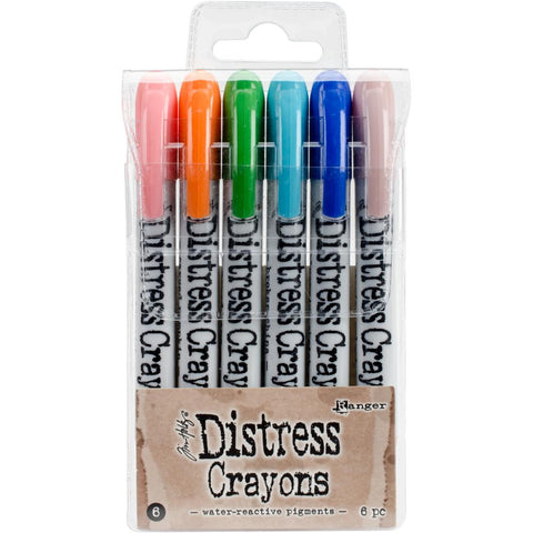 Tim Holtz Distress Crayons, Set 6 - Worn Lipstick, Carved Pumpkin, Mowed Lawn, Broken China, Blueprint Sketch and Victorian Velvet