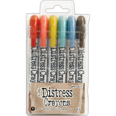 Tim Holtz Distress Crayons, set 7 - Fired Brick, Abandoned Coral, Crushed Olive, Evergreen Bough, Stormy Sky and Ground Espresso