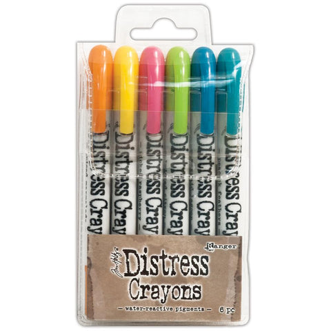 Tim Holtz Distress Crayons Set 1 - Picked Raspberry, Spiced Marmalade, Mustard Seed, Twisted Citron, Mermaid Lagoon and Peacock Feathers.