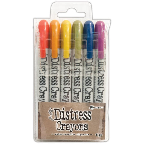 Tim Holtz Distress Crayons, Set 2 -  Festive Berries, Rusty Hinge, Fossilized Amber, Peeled Paint, Chipped Sapphire and Seedless Preserves