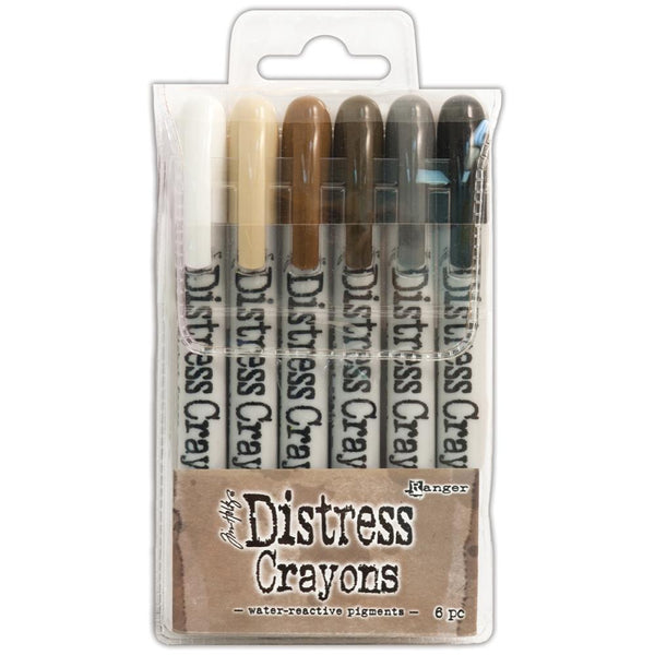 Tim Holtz Distress Crayons, Set 3 - Antique Linen, Vintage Photo, Walnut Stain, Hickory Smoke, Black Soot and Picket Fence