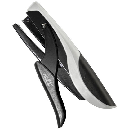 Tiny Attacher (stapler) ... by Tim Holtz - a tool for fastening or affixing layers together with miniature staples. 1 (one) hand held stapler with 2 strips (90 pieces) of staples.   Tim's Idea-Ology Tiny Attacher is a versatile way to fasten those hard to glue down items. The Tiny Attacher is a sturdy, durable, easy to squeeze stapler, a similar size to a regular office stapler. Photo of the tool.