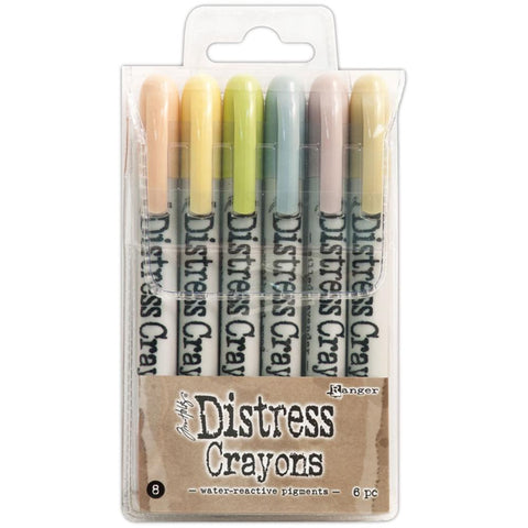 Tim Holtz Distress Crayons, set 8 - Tattered Rose, Scattered Straw, Shabby Shutters, Weathered Wood, Milled Lavender and Old Paper