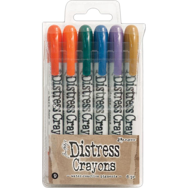 Tim Holtz Distress Crayons, set 9 - Barn Door, Ripe Persimmon, Pine Needles, Faded Jeans, Dusty Concord and Brushed Courduroy
