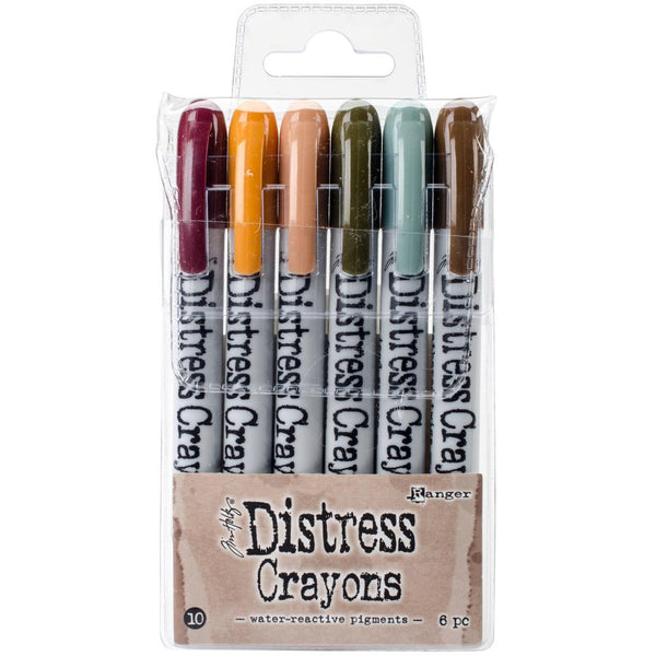 Tim Holtz Distress Crayons, set 10 - Aged Mahogany, Wild Honey, Tea Dye, Forest Moss, Iced Spruce and Gathered Twigs