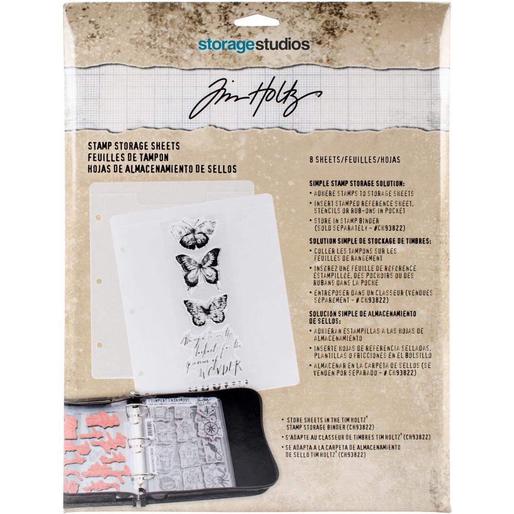 Stamp Storage Pocket Pages - Tim Holtz ... 8 (eight) clear pockets for storing clear and rubber stamps, journal fodder and other flat items. Each page is (approx) 7" x 8.5" (17.78cm x 21.59cm), with handy holes on the long edge.

Simple storage solution for (not wood mounted) cling stamps, whether rubber, clear acrylic or polymer. Organise all your loose stamps so they are easy to find and therefore use. 